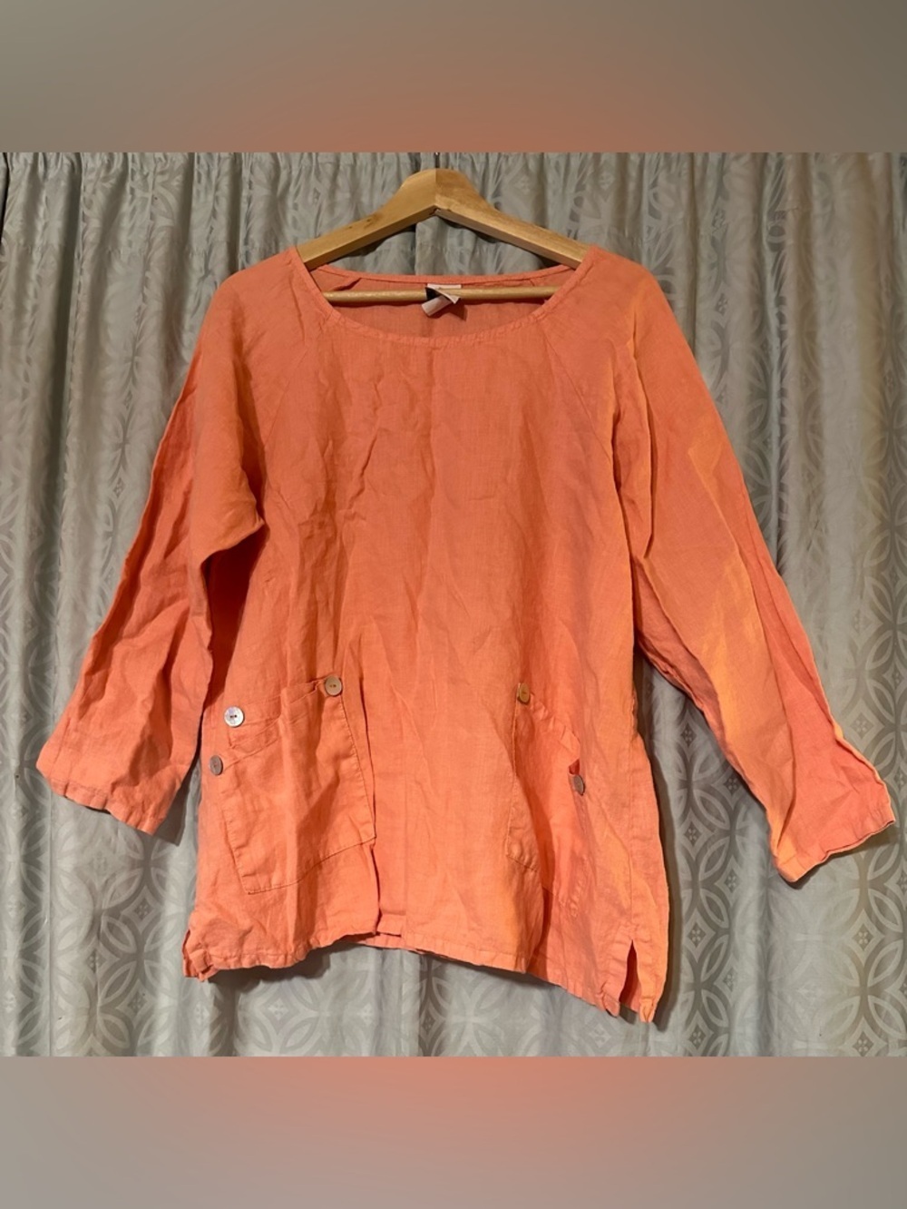 Match Point USA 100% Linen Tunic Top Lagenlook Size S Coral Pockets Beach Summer